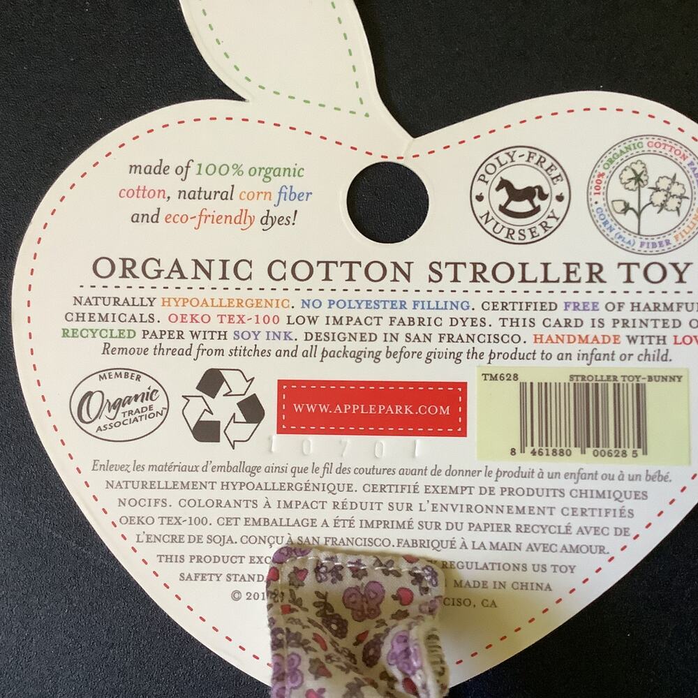 Apple Psrk Organic Cotton Stroller Toy - Grey Bunny - 6" Plush Toy NWT - Picture 6 of 6